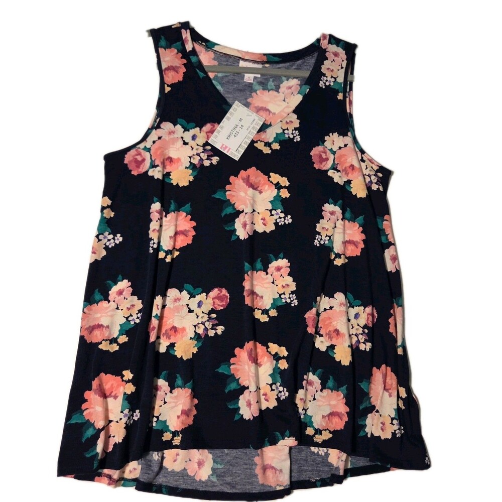 Lularoe Floral‎ Print Kristina V Neck Tank MEDIUM Beautiful Flowers on Blue NWT